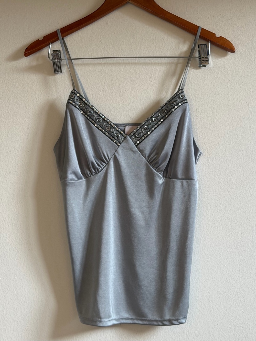 Y2K Silver Beaded Silver Cami Top, Size Small